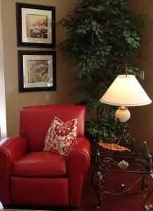 reading after This reading nook pops - love that the red in the artwork coordinated with the chair! Tree was found in the office.